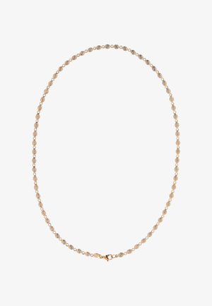 Aranylánc nyaklánc apró ovális, texturált szemekkel és egy homárkapoccsal, fehér háttéren.