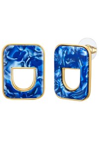 Blaue marmorierte Acryl-Ohrringe in geometrischer Form mit goldenem Rand und durchbrochenem Design. Klare Rückseite für sicheren Halt.