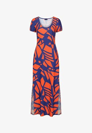 Maxi-jurk met korte mouwen en een abstract oranje en marineblauw geometrisch patroon, met een ronde halslijn en zijsplitsingen.