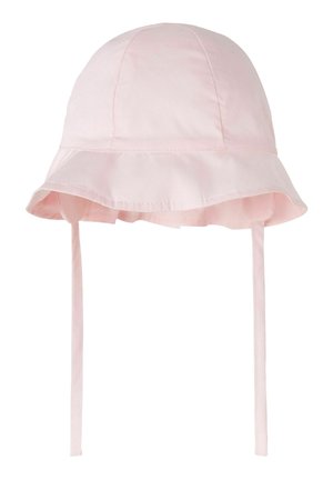 Sanfter rosa Baby-Sonnenhut mit breiter, geraffter Krempe und langen Kinnbändern für einen sicheren Sitz.