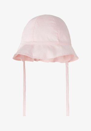 Pehme roosa beebide päikesehatt laia volangiga äärega ja pikkade lõuapaeltega kindla kinnituse jaoks.