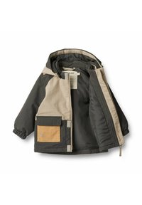 Farbenblockierte Jacke mit grauen und beigen Paneelen, einer mit Fleece gefütterten Kapuze, einer großen Fronttasche und elastischen Bündchen mit einer glatten Textur.