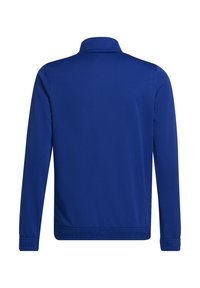 Chaqueta azul de manga larga con un cuello alto, vista desde la parte de atrás, que presenta una tela sencilla y suave con detalles de costura mínimos.