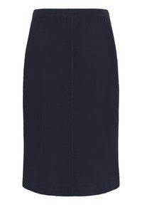 Fustă bleumarin, până la genunchi, realizată dintr-un material neted, având o talie elastică și un croi drept, fără modele sau embellismente vizibile.