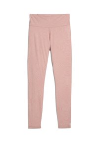Różowe legginsy z delikatnym wzorem teksturowym, wysokim stanem, dopasowanym krojem i gładkiego materiału. Brak widocznych elementów metalowych lub akcentów.