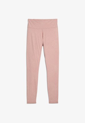 Rózsaszín leggings, finom textúrájú mintával, magas derékpánttal, testhez simuló kialakítással és sima anyaggal. Nincs látható hardver vagy kiegészítő.