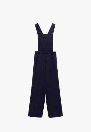 Tmavi plavi kombinezon s širokim nogavicama, podesivim naramenicama i opuštenim krojem s gumbom na izrezu. Mekana tkanina.
