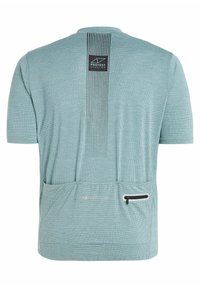 Maillot de cyclisme à manches courtes en bleu-vert clair, en tissu texturé, avec des rayures verticales dans le dos et une poche zippée à la taille.
