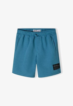 Shorts en coton bleu clair avec une taille élastique, des poches latérales et une étiquette noire à l'avant comportant du texte. Texture lisse, design décontracté.
