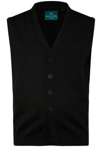 Schwarze Strickweste mit V-Ausschnitt, sechs Knopf-Frontverschluss und geripptem Saum. Das Etikett zeigt das "BOSTON PARK"-Logo in Türkis.