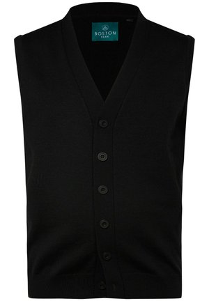 Gilet en tricot noir avec décolleté en V, fermeture à l'avant avec six boutons et ourlet côtelé. L'étiquette affiche le logo "BOSTON PARK" en bleu-vert.