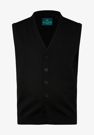 Black knitted vest featuring a V-neck, six button front closure, and ribbed hem. Tag displays "BOSTON PARK" logo in teal.