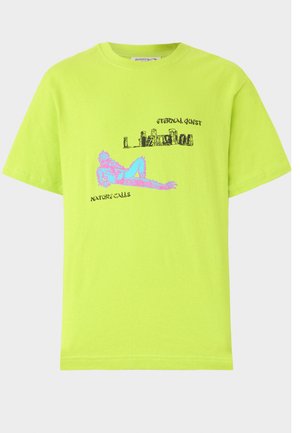 Lime green cotton T-shirt featuring a graphic print with blue and pink elements, text, and relaxed fit. Short sleeves and crew neckline.