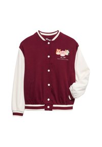 Burgundská varsity bunda s bílými rukávy a žebrovanými manžetami. Obsahuje výšivku zvířat a zapínání na patentky, s bočními kapsami.