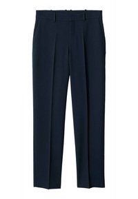 Pantalon formel bleu marine avec plis à l'avant, passants de ceinture et poches latérales, présenté sur fond blanc.