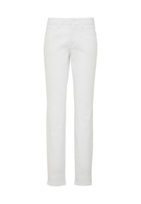 Jeans de denim blanco con un diseño de pierna recta, que cuentan con bolsillos delanteros y cremallera. Textura suave con detalles de costura mínimos.