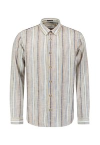 Gestreepte overhemd met lange mouwen en een button-down kraag, gemaakt van lichte stof, met verticale lijnen in beige, blauw en crèmekleuren.