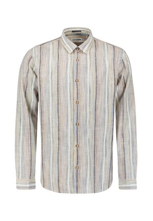 Gestreifte Langarmbluse mit button-down Kragen, aus leichter Stoffqualität, mit vertikalen Linien in Beigetönen, Blau und Creme.