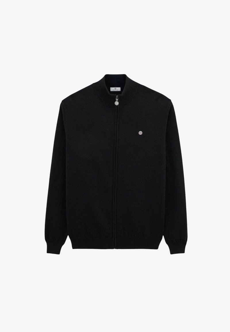 Cardigan zippé noir en tissu tricot doux, doté d'un col et de poignets côtelés, avec un petit logo sur la poitrine gauche.