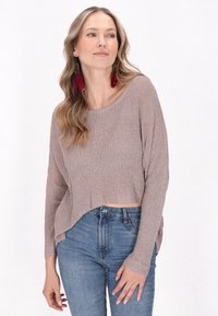 Pulover din tricot ribetat, de culoare maro deschis, cu mâneci lungi, față scurtă și slituri laterale, purtat cu blugi albaștri. Cerceii din pene roșii adaugă detaliu.
