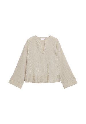Beige-weiße, gestreifte Bluse mit langen Ärmeln, V-Ausschnitt und weiten Manschetten, dargestellt vor weißem Hintergrund.