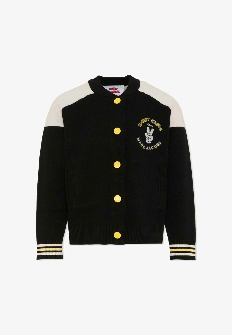 Czarny sweter z żółtymi guzikami, wzorem w białe i czarne panele, żebrowanymi mankietami oraz haftem "Mickey Mouse" z znakiem pokoju.