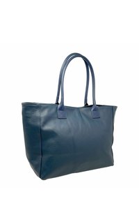 Leren totebag in donkerblauw met twee handvatten, een gestructureerd oppervlak en een strakke vorm met naaddetails.