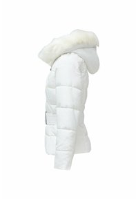 Chaqueta de plumas blanca con capucha forrada de piel, cintura ceñida y textura acolchada. La vista lateral muestra una silueta ajustada y un acabado suave.