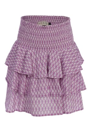 Paarse, met patronen versierde mini-rok in lagen met een elastische, geplooide tailleband en geometrische diamantvormen.