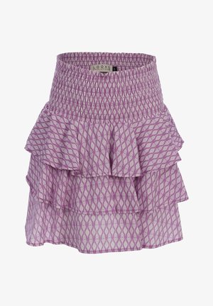 Paarse, met patronen versierde mini-rok in lagen met een elastische, geplooide tailleband en geometrische diamantvormen.