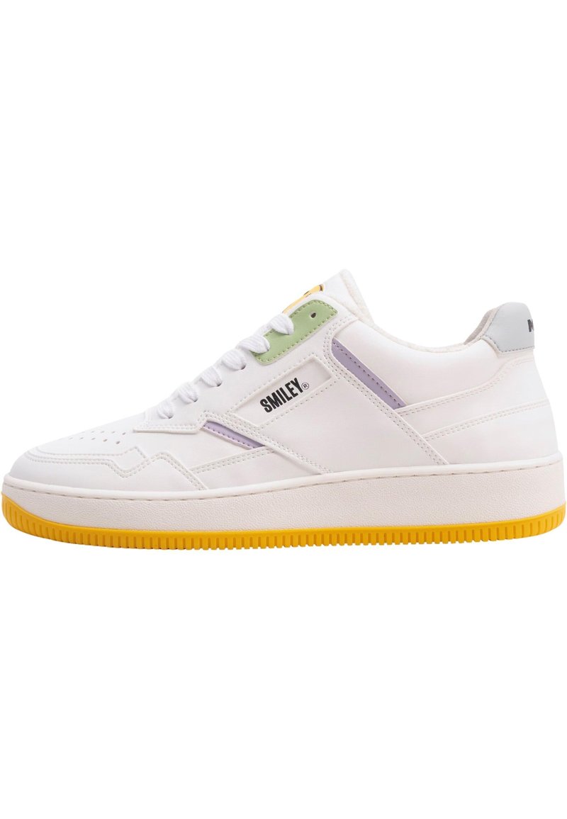 White sneaker with textured leather, yellow rubber sole, green and purple accents, and a logo on the side. Rounded toe and lace-up design.