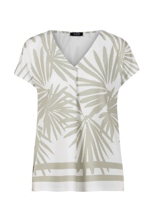 Witte korte mouw V-hals blouse met lichtbeige palmbladpatroon en horizontale strepen vlak bij de zoom, met label TUZZI.