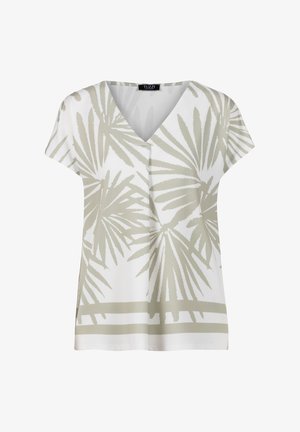 Witte korte mouw V-hals blouse met lichtbeige palmbladpatroon en horizontale strepen vlak bij de zoom, met label TUZZI.
