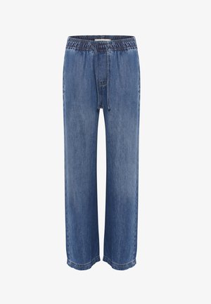 Blue denim pants with an elastic waistband and drawstring, featuring a relaxed fit and wide legs, smooth texture, and stitched hems.