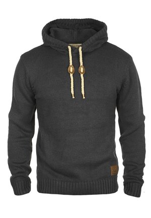 Dunkelgrauer, gestrickter Kapuzenpullover mit cremefarbenen geflochtenen Kordelzügen und Holzknöpfen, gerippten Bündchen und Saum sowie einem kleinen braunen Lederpatch vorne.