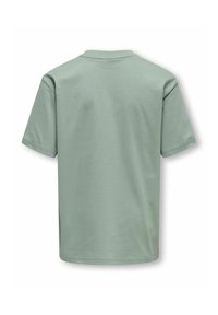 Kortærmet, bagside af en lys grøn t-shirt. Fremstillet af blødt stof med rund halsudskæring og en enkel, glat tekstur.