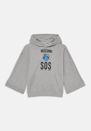 Szary bawełniany hoodie z szerokimi rękawami, z napisem "MOSCHINO" i "SOS", oraz grafiką niebiesko-zielonej kuli ziemskiej z przodu.