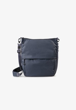 Dark gray crossbody bag with adjustable strap and two zippered compartments, featuring embossed "a/u" logo on front pocket.