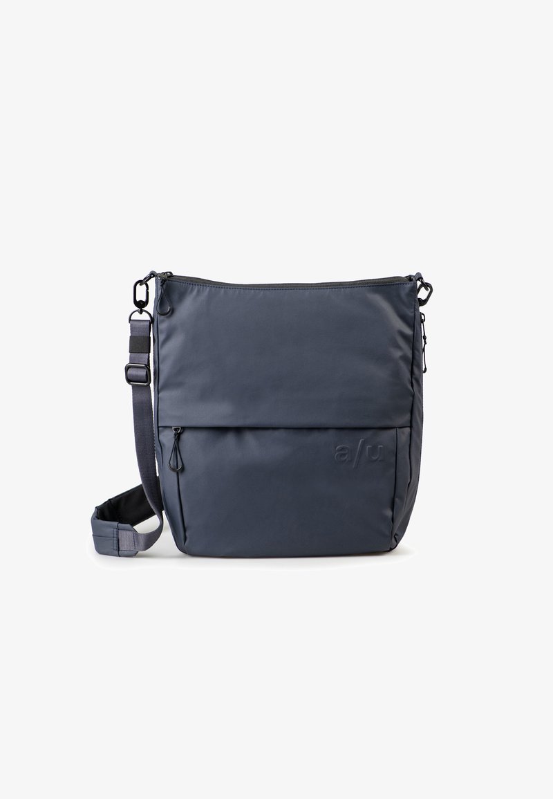 Dark gray crossbody bag with adjustable strap and two zippered compartments, featuring embossed "a/u" logo on front pocket.