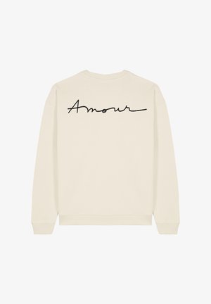 Kreemivalge pikkade varrukatega värvitud kampsun, mille seljal on musta sõnajala stiilis "Amour" tikand. Pehme puuvillane materjal.