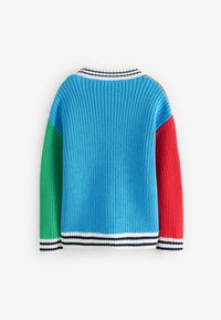 Bunter gestrickter Pullover mit blauen, grünen, roten und orangefarbenen Paneelen, mit gestreiften Rippbündchen und Kragen. Strukturierter, leichter Stoff.