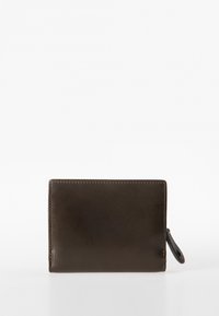 Brown leather wallet with a smooth texture, featuring a rectangular shape and stitched edges. Includes a pull tab on the side for access.
