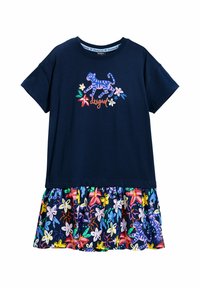 Rochie tip tunică de culoare bleumarin cu mâneci scurte, având un design cu tigru și flori pe bust și un tiv volan cu flori colorate.