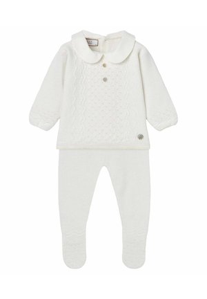 Tutina bianca per neonato in maglia con maniche lunghe, motivo testurizzato, colletto alla Peter Pan e piedi coperti.