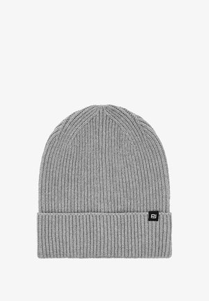 Szary dziany czapka beanie z prążkowanym wzorem; posiada podwinięty brzegi i małą czarną metkę z logo po boku. Okrągły wzór u góry.