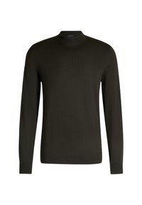 Dunkelgrüner gestrickter Pullover mit langen Ärmeln, hohem Halsausschnitt, gerippten Bündchen und Saum. Das Material wirkt weich und strukturiert. Minimale Markenkennzeichnung sichtbar.