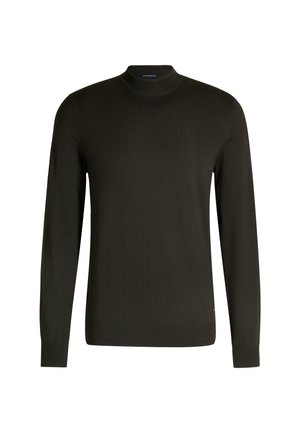 Dunkelgrüner gestrickter Pullover mit langen Ärmeln, hohem Halsausschnitt, gerippten Bündchen und Saum. Das Material wirkt weich und strukturiert. Minimale Markenkennzeichnung sichtbar.