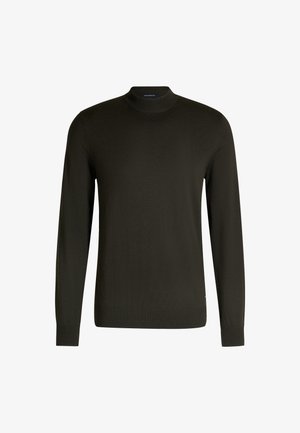 Dunkelgrüner gestrickter Pullover mit langen Ärmeln, hohem Halsausschnitt, gerippten Bündchen und Saum. Das Material wirkt weich und strukturiert. Minimale Markenkennzeichnung sichtbar.