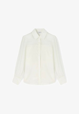 Long-sleeve white blouse with pointed collar, concealed front buttons, and cuffed sleeves, laid flat on a white background.