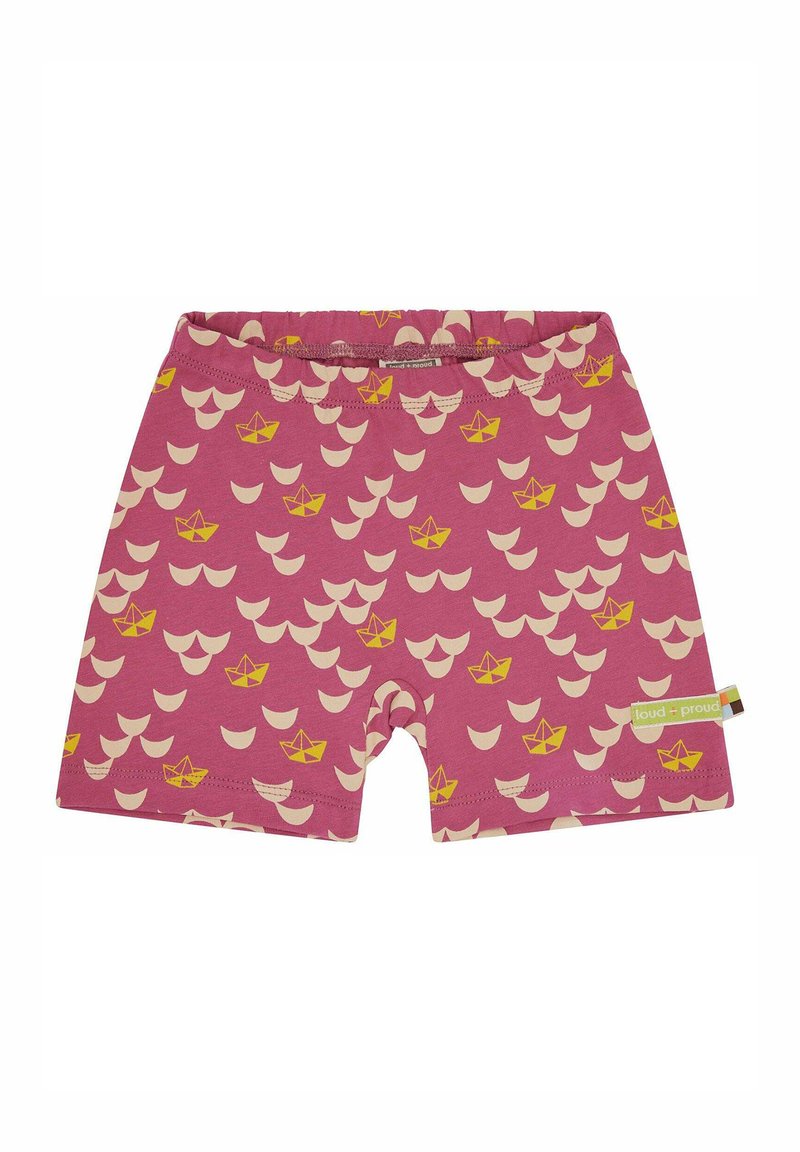 Roze shorts van zachte stof met een patroon van gele boten en crèmekleurige halve cirkels. Bevat een merklabel aan de zijkant.